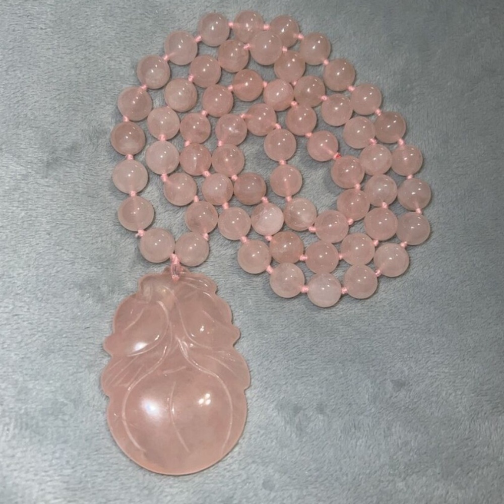 Vintage Hand Knotted Rose Quartz Necklace With Large Carved Peach Pendant
